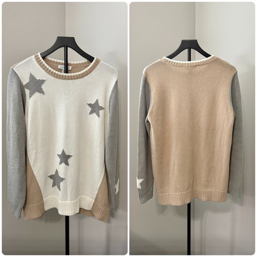 Coldwater Creek Sweater Womens Medium Gray Cream Star Knit Cotton Blend Pullover